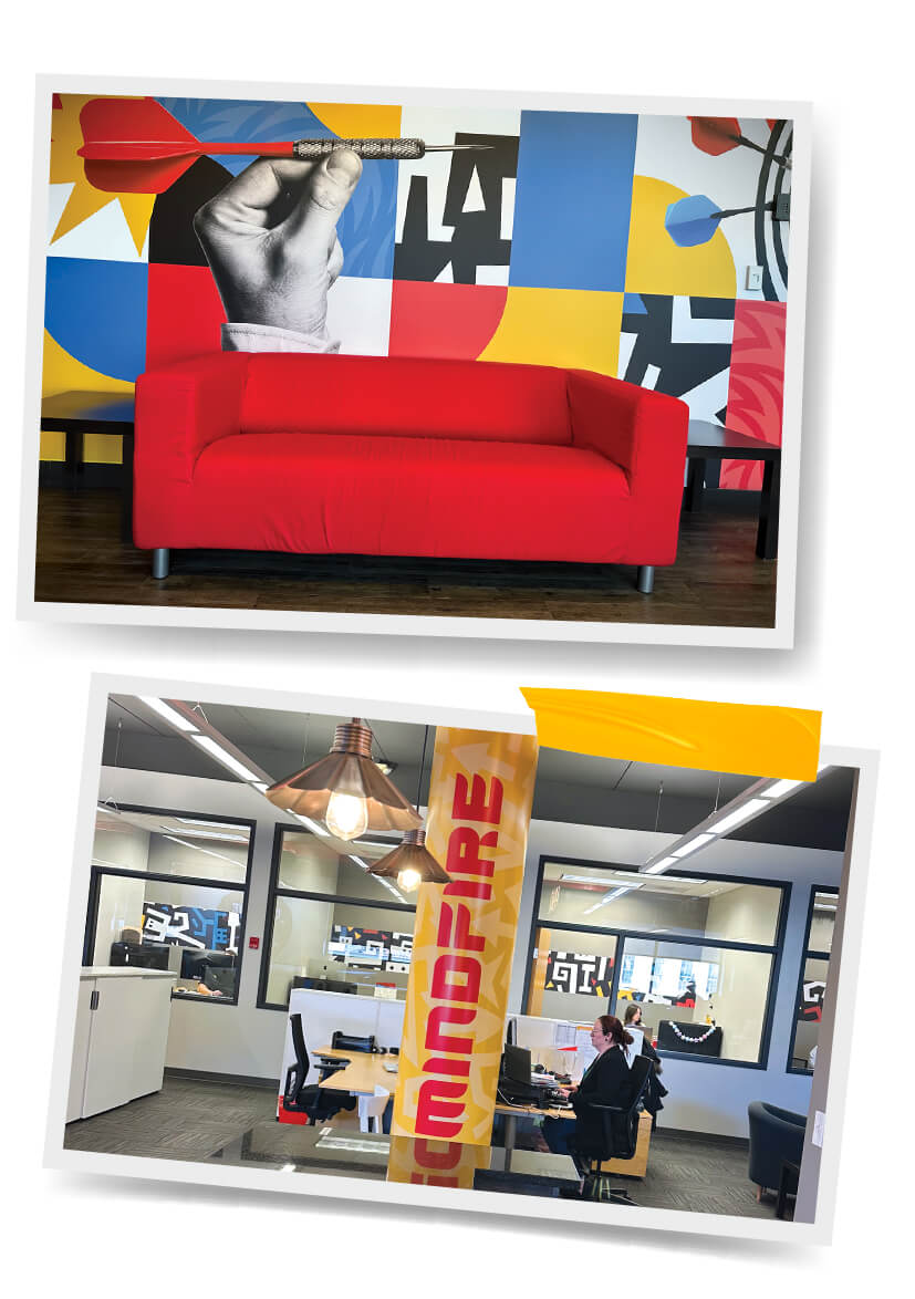 entryway couch, office column with logo