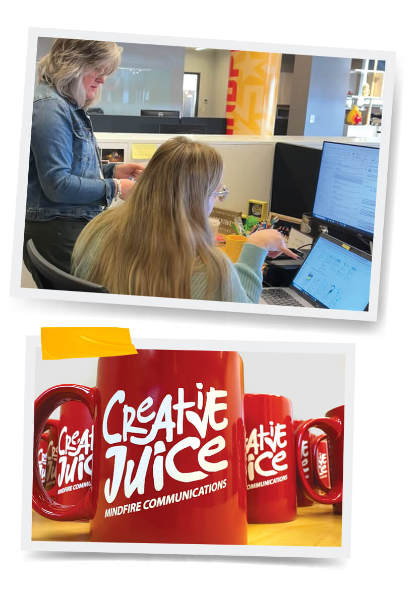 coworkers collaborating, creative juice mug